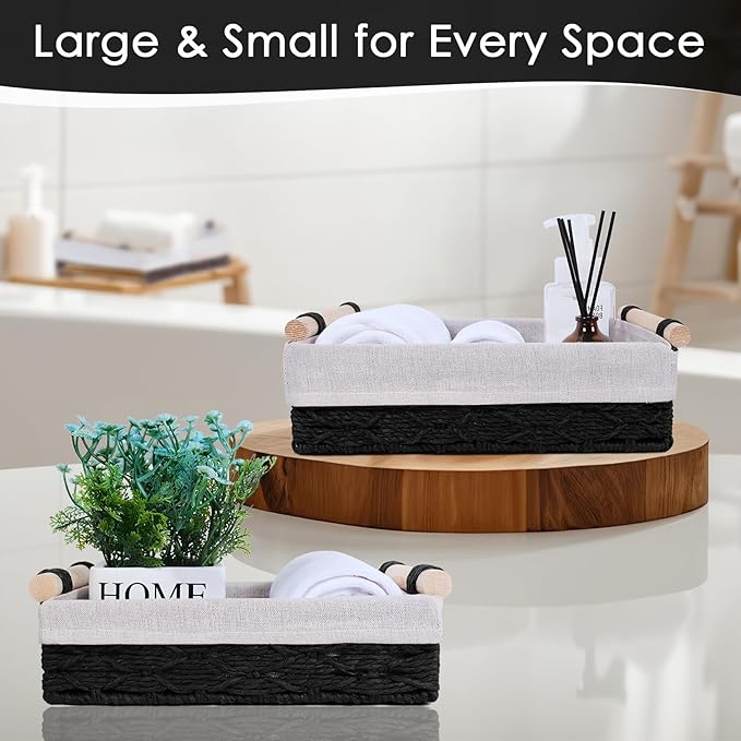 Wicker Storage Basket with Wooden Handle – Paper Rope Decorative Toilet Paper Baskets & Bathroom Organizer for Toilet Tank Top, Shelves, Bedroom, Countertop,Home,Office Storage Bins, 2 Pack,Black