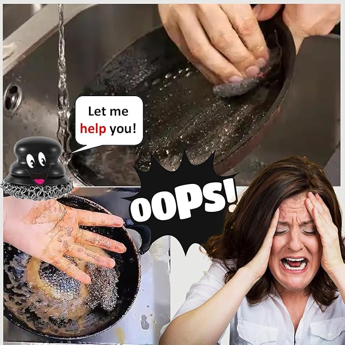 Upgraded Cast Iron Cleaner Brush with Heavy Duty Handle, Chain Mail Cast Iron Skillet Pan Scrubber for Griddle Cleaning Brush with Pan Grill Scrapers