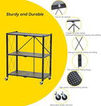 BRIAN & DANY 3-Tier Foldable Storage Shelves with Wheels, No Assembly Folding Shelf Metal Rack, Shelving Unit for Kitchen, Garage, Black
