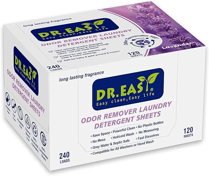 DR.EASY Odor Remover Laundry Detergent Sheets 240 loads Lavender,Easy To Carry Great For Travel,safe for baby & pets,No mess No Dyes biodegradable formula