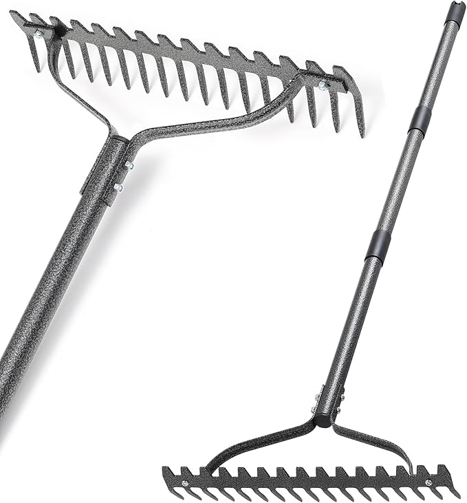 Garden Rake, 49" Adjustable Long Handle Lawn Leveling Bow Rake with 17 Tines, Garden Tool with Heavy Duty Metal for Looseing Soil, Weede Control