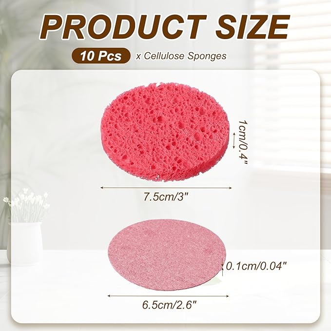 uxcell 10Pcs Cellulose Sponges, Round Kitchen Clean Sponges Non-Scratch Compressed Dish Scrubber for Kitchen Household Cookware Bathroom Cleaning & DIY, Pink