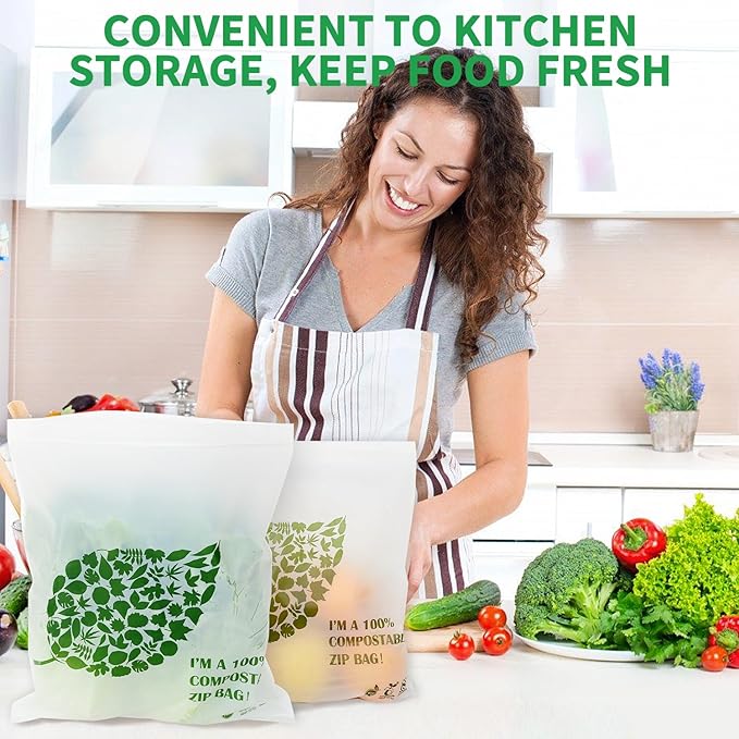 100% Compostable Gallon Freezer Bags Biodegradable Food Storage Bag for Vegetables, Fruits or Meats - 25 Count