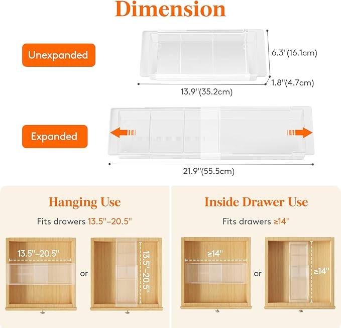 Lifewit Sliding Makeup Drawer Organizer Trays with Inserts, Extendable Hanging Desk Drawer Divider, Fits 13-20" Deep Drawers, 1.8" High Plastic Organizer Tray for Vanity, Office, Kitchen, White