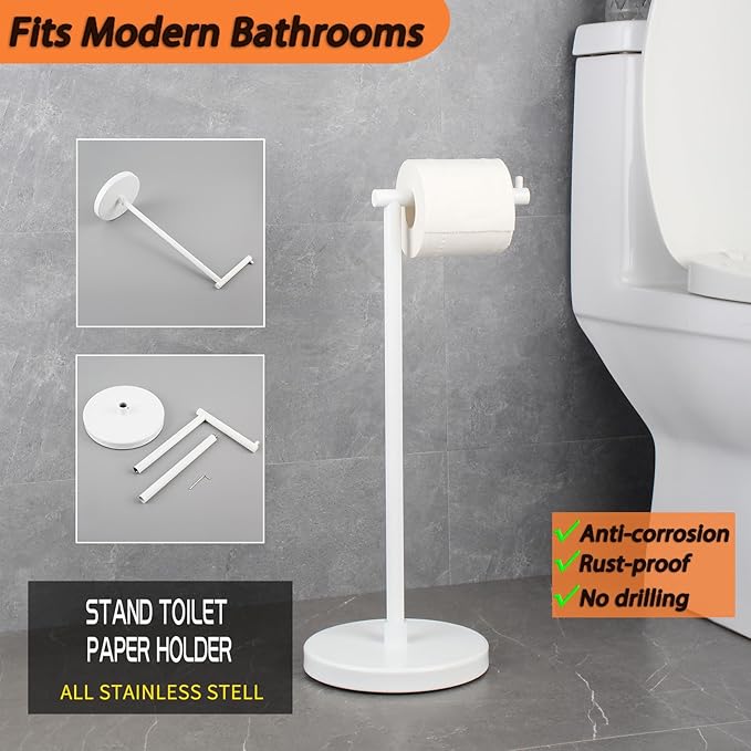 GERZWY Bathroom Free Standing Toilet Paper Holder SUS 304 Stainless Steel Stand Modern Paper Towel Holder, White