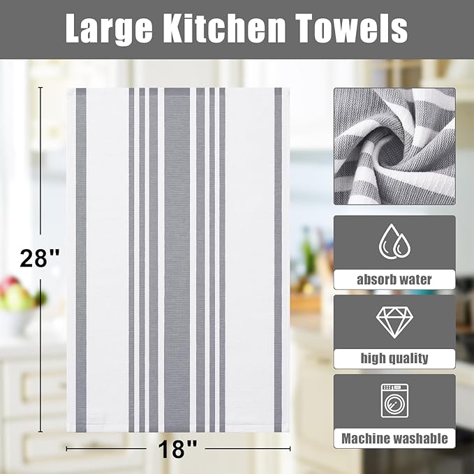 Homaxy Premium Kitchen Towels 18”x 28”, Large Cotton 380 GSM Kitchen Hand Towels, Stripe and Terry Dish Towel, Highly Absorbent Tea Towel Set with Hanging Loop, 12 Pack, Grey
