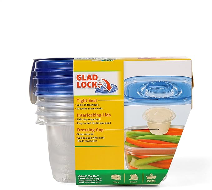 Glad GladWare To Go Snack Food Storage Containers with Lids, Medium Rectangle BPA Free Plastic with Built-In Dressing Cup for Salads and Snacks, Microwave Dishwasher Safe, 24 Oz, 4 Count