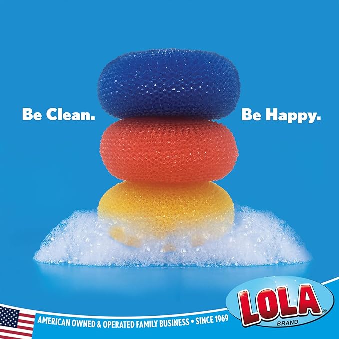 LOLA Jumbo 4" Plastic Mesh Scouring Pads, 12 Pack, Non-Scratch, Great for Pots, Dishwashing, Sinks, Appliances, Assorted Colors