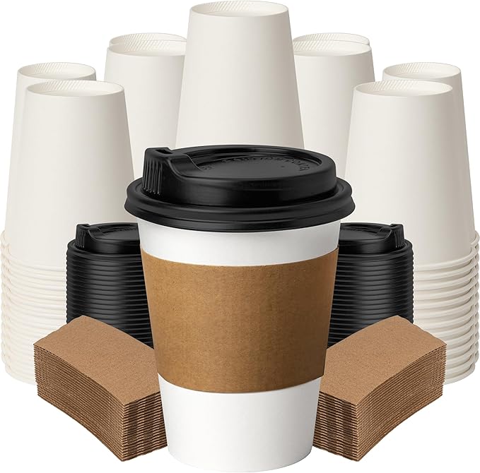 12 oz Coffee Cups with Lids and Sleeves 100 Pack, White Leak-Proof Disposable Coffee Cups for Hot/Cold Beverages, Party Supplies, To-Go Paper Cups for Coffee, Tea, Office, Picnic