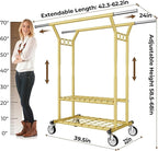 HYSEYY Heavy Duty Clothes Rack, Rolling Clothing Racks With Shelves Load 620 LBS, Double Rod Clothing Racks for Hanging Clothes, Portable& Adjustable Clothes Rack with Wheels Garment Rack,Gold