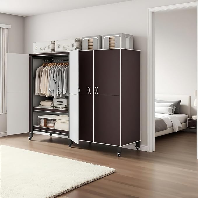Foldable Portable Armoire Wardrobe Closet for Hanging Clothes Rack, Heavy Duty Covered Clothes Rack with Cover(HARDBOARD Magnetic), Closet Garment Rack for Bedroom Storage (KT Coffee, 66.14in)