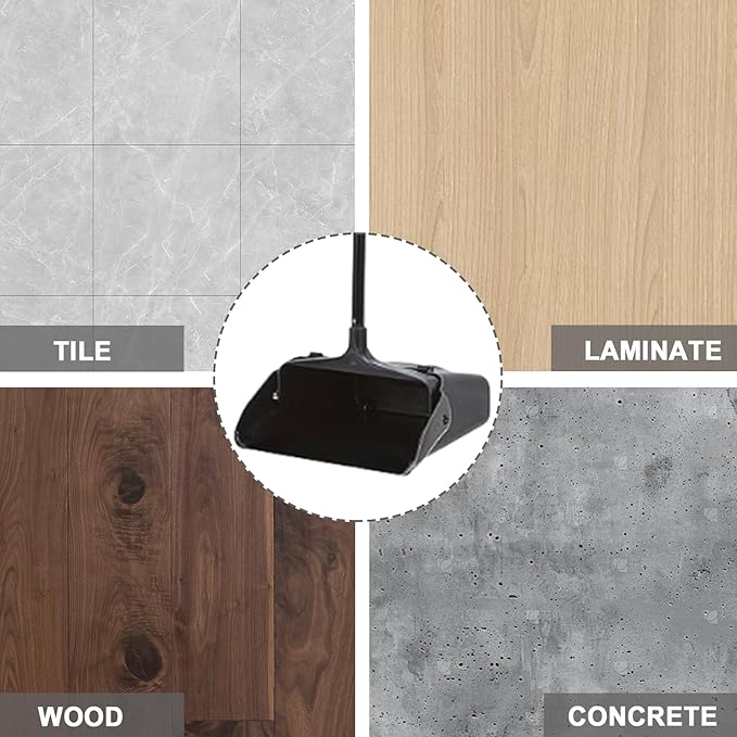 Pivoting Upright Dust Pan with Long Handle and Wheels, Large Capacity, Heavy Duty Commercial Dustpan for Indoor Outdoor, Standing Dust Pan for Home and Restaurant Cleaning, Black