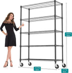 M MZG 1750LBS 47.2" W 5 Tiers Storage Shelves Metal Shelving Unit with Wheels Heavy Duty Garage Shelving Adjustable Wire Shelves for Pantry,Kitchen,Garage,Basement,Black 17.7" D x 47.2" W x 76.8" H