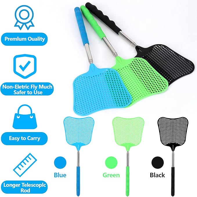 Fly Swatters - 6 Pieces Telescoping Bee Bug Swatter for Indoors Outside, Heavy Duty Large