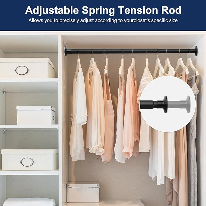 No Drilling Closet Rod, 27.5-82 Inches Hanging Closet Rod for Clothes, Closet Bar & Pole Heavy-duty, Closet Rods for Hanging Clothes For Closet Wardrobes Bathroom Laundry RV Curtains, Black