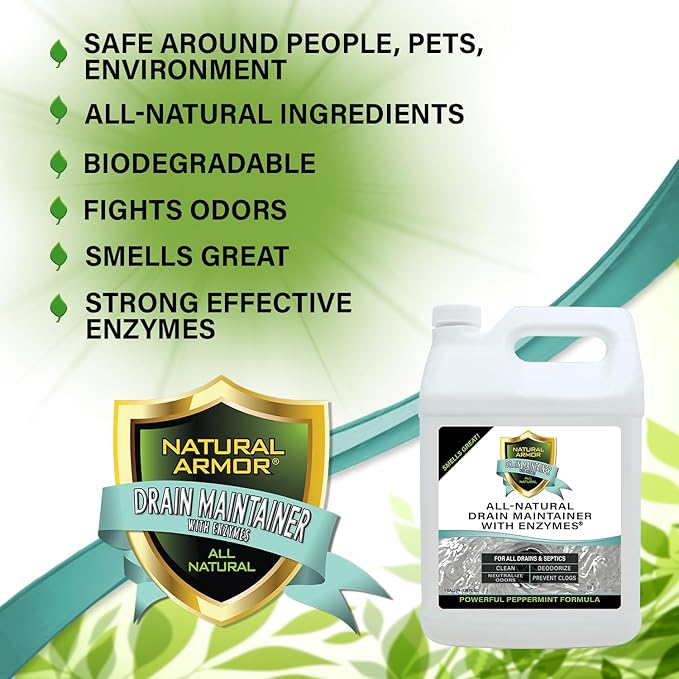 Natural Armor Enzyme Drain Maintainer - Quart Drain Cleaner with Natural Enzyme Power to Prevent Buildup & Odors - Safe for Sinks, Showers, Grease Traps & Septic - Non-Toxic Formula, 2.5 Gallon