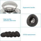 Steel Wool Scrubber with Replacement Wire Pads Set - 1 Heavy Duty Scrubber + 5 Stainless Steel Pads for Effortless Cleaning of Cast Iron, Grill Grates, Rust-Resistant Handle Design