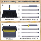 Heavy Duty Broom and Standing Dustpan Combo Set, Rotatable Head Dust Pan and Brush Set with Collapsible Handle, Cleaning Teeth, Hanging Loop, Ideal for Pets, RV, Kitchen, Camping, Outdoor Floor, Gray