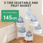 JAQ 5-Tier No Assembly White Rotating Storage Rack, Large Capacity Utility Cart for Kitchen Bathroom Nursery, Heavy Duty Fruit Vegetable Stand, White