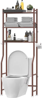 Livilord 3-Tier Over The Toilet Storage, Freestanding Metal Bathroom Shelves with 4 Hooks, Over Toilet Storage Shelf with Paper Holder, Above The Toilet Shelf for Bathroom Storage, Bronze