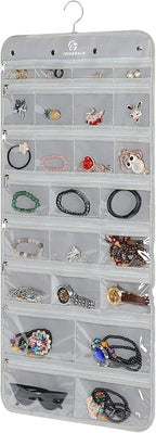 Hanging Jewelry Organizer with 50 Transparent Pockets, 360 Rotating Hanger & Secure Zipper Closure - Foldable Double Sided Jewelry Storage Bag for Earrings, Rings, Necklaces, Bracelets (Gray)