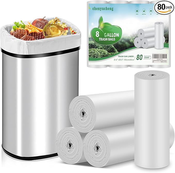 8 Gallon White Trash Bags Biodegradable - Small Garbage Bags 8 Gallon Tall Kitchen Unscented 80count Compostable Recycling Strong Thick Office Waste Basket Medium Liners Bulk Chenyucheng