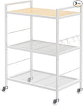 3-Tier Metal Storage Rack with Industrial Wheels,Mesh Shelving Unit with Wooden Table top,Adjustable Shelf,23.6-Inch Width,15.8-Inch Depth, for Kitchen, Laundry,Pantry,Plant,white