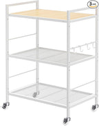 3-Tier Metal Storage Rack with Industrial Wheels,Mesh Shelving Unit with Wooden Table top,Adjustable Shelf,23.6-Inch Width,15.8-Inch Depth, for Kitchen, Laundry,Pantry,Plant,white