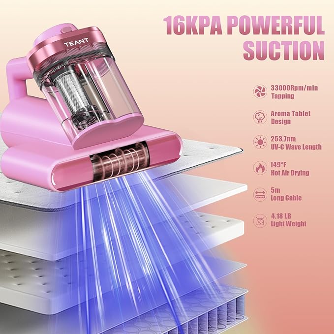 Mattress Vacuum Bed Vacuum Cleaner with 253.7nm UV-C Light, Hyper Helix Motor with 16kPa Strong Suction & 33000 RPM/Min Tapping, HEPA Filter, 149℉ Heat & Ultrasonic & Anion for Bed and Pet