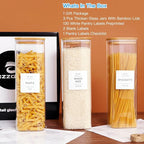 CZZGSM 3 Pack Square Kitchen Storage Jars with Airtight Bamboo Lids and 132 Pantry Labels - 80oz Glass Canisters with Wood Lids - Food Storage Containers for Spaghetti, Pasta, Fettuccine