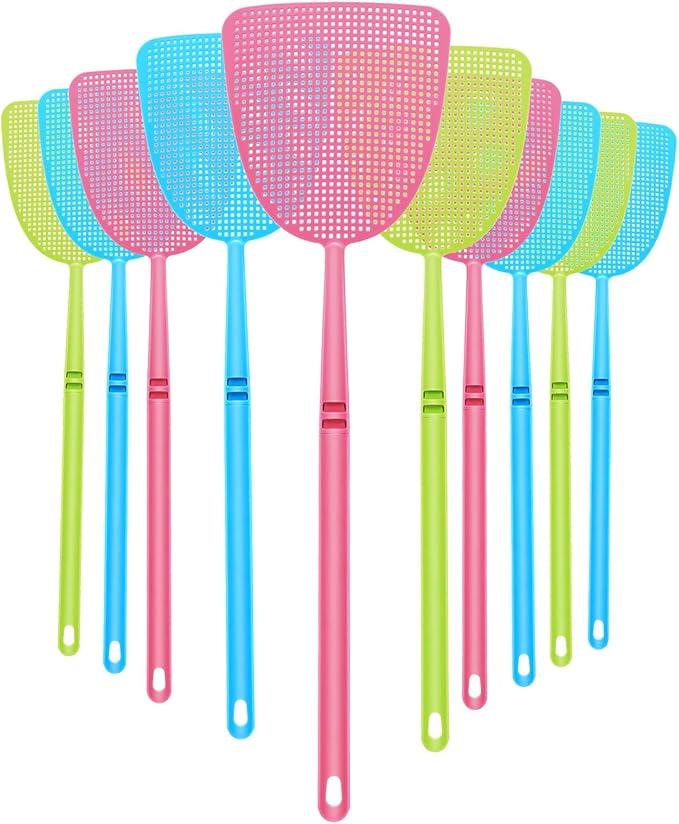 Boao 10 Pcs Fly Swatter Bulk Plastic Colorful Strong Flexible Manual Fly Swat Set Long Handle Durable Bug Swatter for Indoor and Outdoor