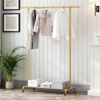 Industrial Pipe Clothing Rack, Heavy Duty Metal Clothes Rack With Wheels, Rolling Garment Rack with Bottom Shelf for Home Boutique Use (Gold)
