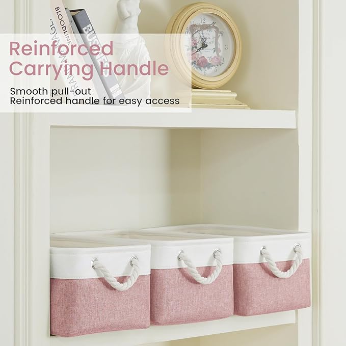 Storage Baskets for Shelves 13.8x9.8x6.7 Inch-Foldable Fabric Organizing Storage Bins with Handles, Closet & Bathroom Organizer, Home Storage for Kitchen, Office (1-Pack, White&Pink)