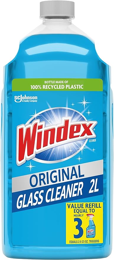 Windex Refill Glass and Window Cleaner Bottle, Bottle Made from 100% Recycled Plastic, Surface Cleaning Spray, Original Blue Scent, 2L (67.6 Fl Oz)