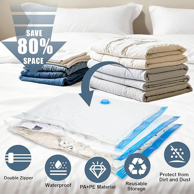 10 Jumbo Vacuum Storage Bags, Vacuum Seal Bags for Clothing Space Saver Compression Storage Bag with Hand Pump Extra Large for Clothing Travel Comforters Blankets Pillow Bedding Duvets Clothes