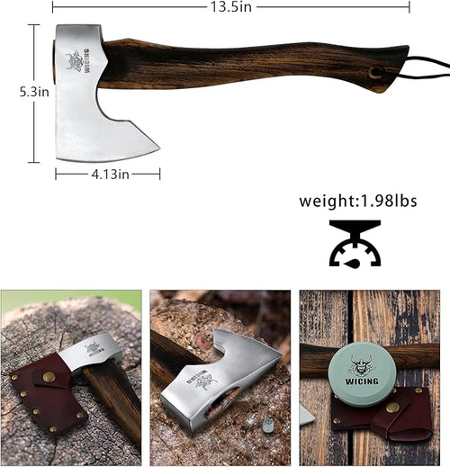 13.5 Inch Hatchet, Camping Axe 1055 Carbon Steel and Beech Handle, Survival Hatchet with Leather Sheath for Wood Splitting and Kindling