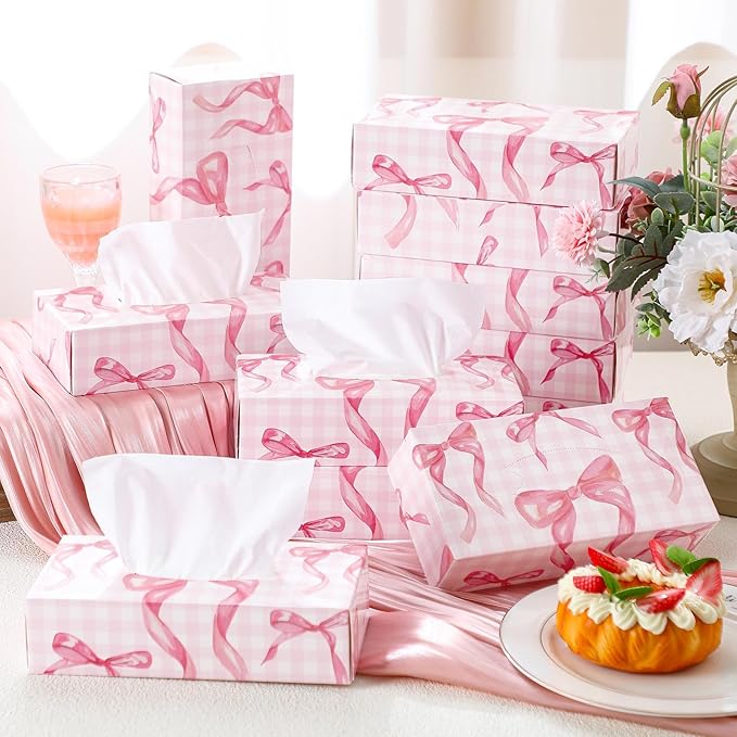 Yinder 12 Packs Facial Tissue Box 1560 Sheets Soft Facial Tissue Box for Fall Halloween Christmas 2 Ply 130 Sheets Disposable Travel Tissues Bulk for Car Household Kitchen(Pink Bow)