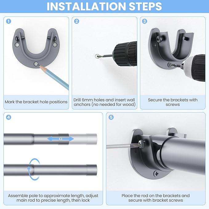 Closet Rods for Hanging Clothes, 17 to 28 Inches No-Cut Stepless Adjustable Closet Rod, 1.3 Inches Expandable Metal Heavy Duty Closet Hanging Rod for Closet Wardrobe Bathroom Laundry RV, Silver