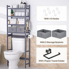 Cozivolife Over The Toilet Storage with 2 Baskets, 4-Tier Bamboo Organizer Rack with Paper Holder & 4 Hooks & Waterproof Feet Pad,Freestanding Shelf for Bathroom(Grey)