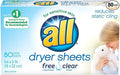 All Fabric Softener Dryer Sheets, Free and Clear, 80 Count