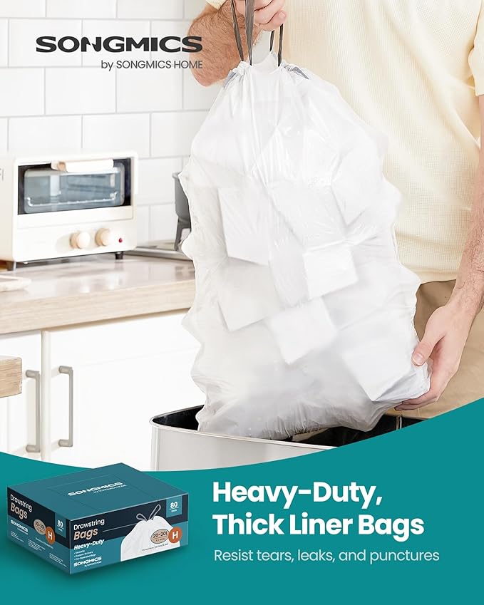 SONGMICS Trash Bags for 8-Gallon (30 L) Trash Cans, Drawstring Kitchen Garbage Bags, Pre-Separated, Quick-Dispense Box, Liner Code H, 2 Rolls, 80 Count, White UKRB031A02