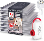 VMstr Vacuum Seal Bags for Clothing Travel, Carry-on Size for Luggage Compression Packing, Space Bags with High Pressure Electric Pump (DC Power) 9-Pack Combo Size Travel Set