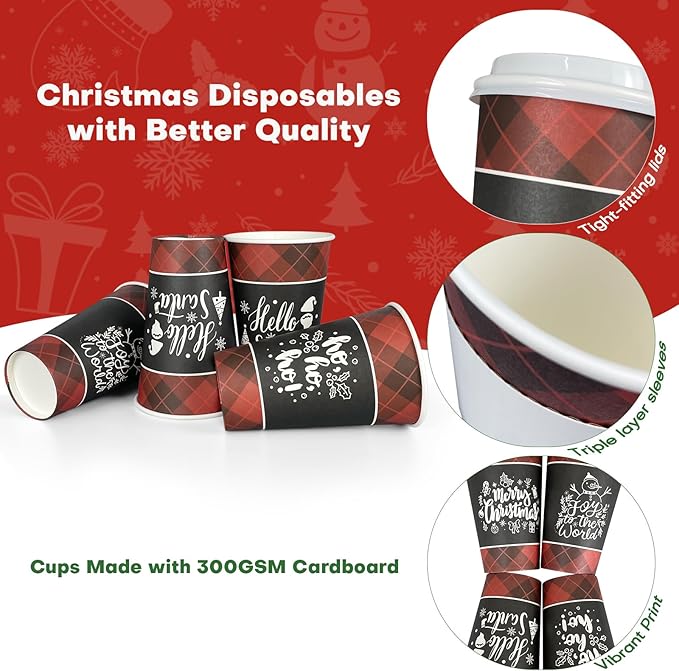 Disposable Coffee Cups with Lids for 24 Guests 16 oz, Christmas Buffalo Plaid Hot Cups for Coffee/Tea/Water/Juice, Xmas Premium Party Tableware Sets for Holiday, Winter, School, Family
