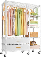 Ulif F3R Heavy Duty Clothes Rack（With Lockable Wheels）Freestanding Clothing Racks for Hanging Clothes，Adjustable Closet Organizer System，Portable Garment Rack 40"W x 15"D x 74"H，Max Load 700LBS，White