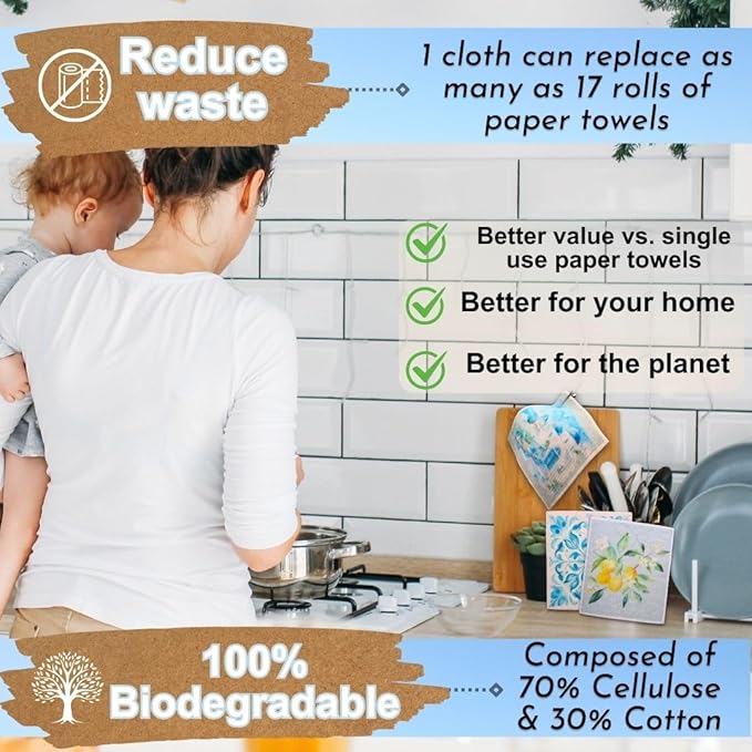 Swedish Dishcloths for Kitchen - Ecofriendly Reusable Paper Towels, Biodegradable Dish Cloths - Cellulose Sponge Dish Cloths for Washing Dishes - 8 Pack (Mediterranean)