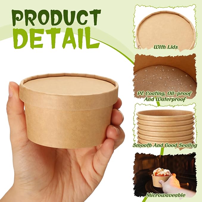 Fulmoon 100 Pack Paper Soup Containers with Lids Disposable Paper Food Containers with Vented Lids Kraft Ice Cream Bowls Soup Cup Ice Cream Cups for Restaurants(4 oz,Brown)