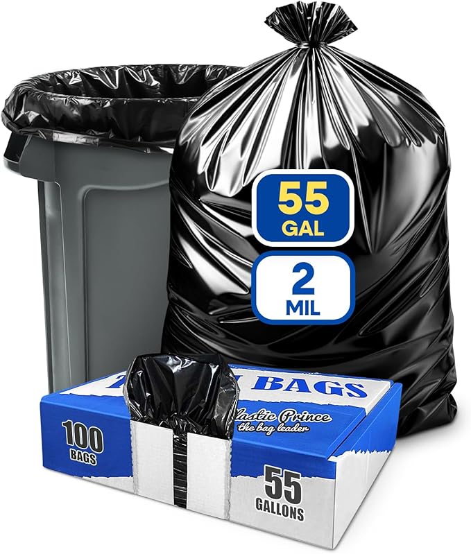55 Gallon Trash Bags 2 Mil Large Garbage Bags for Rubbermaid Brute 44-55 Gallon Trash Cans 38x58 Black Trash Can Liners, Pack of 100