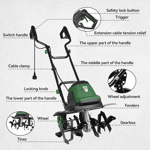 18-INCH Electric Tiller, 15 Amp Cord Cultivator with 6 Steel Tines, Foldable Handle & Adjustable Wheels for Soil Digging