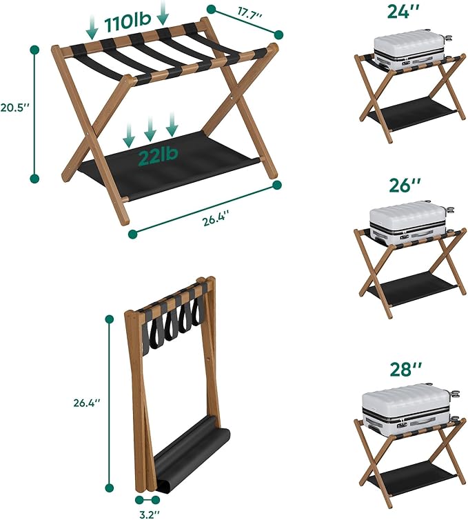 Smuxee Walnut Bamboo Luggage Rack Pack of 2, Foldable Suitcase Stand with Storage Shelf, Easily Assembled Luggage Stand with 5 Nylon-Straps for Guest Room Hotel Bedroom