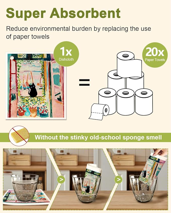 6 Pack Swedish Dishcloths for Kitchen - Reusable Dish Cloths for Washing Dishes Absorbent Cute Funny Kitchen Towels Cleaning Sponge, Floral Cat